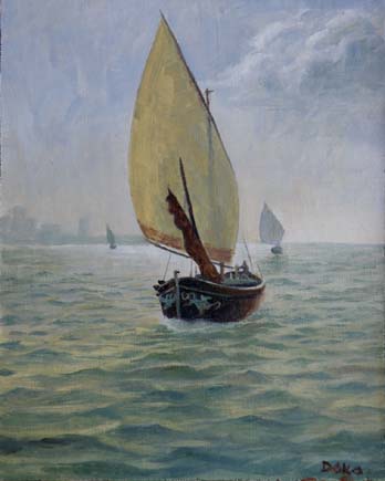 seascape with sailboats, oil painting